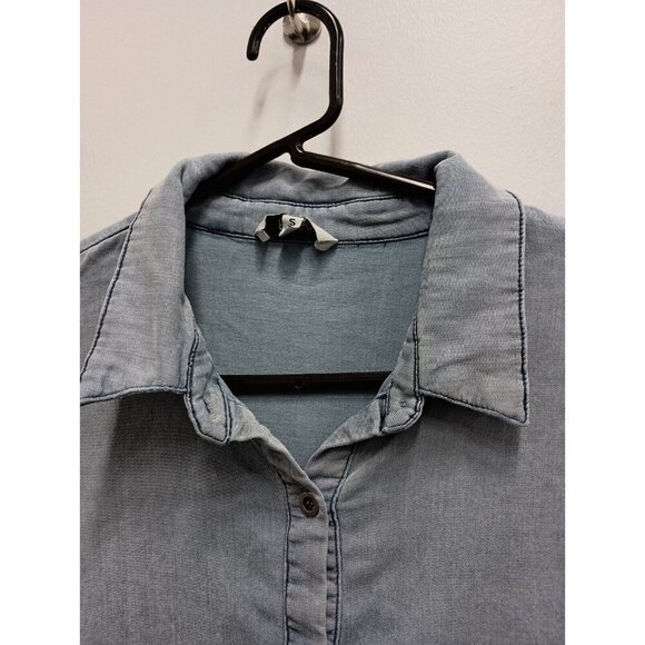 Fate Womens BOHO Shirt Small Blue Chambray Oversized Lantern Sleeve Button Up - Picture 4 of 11